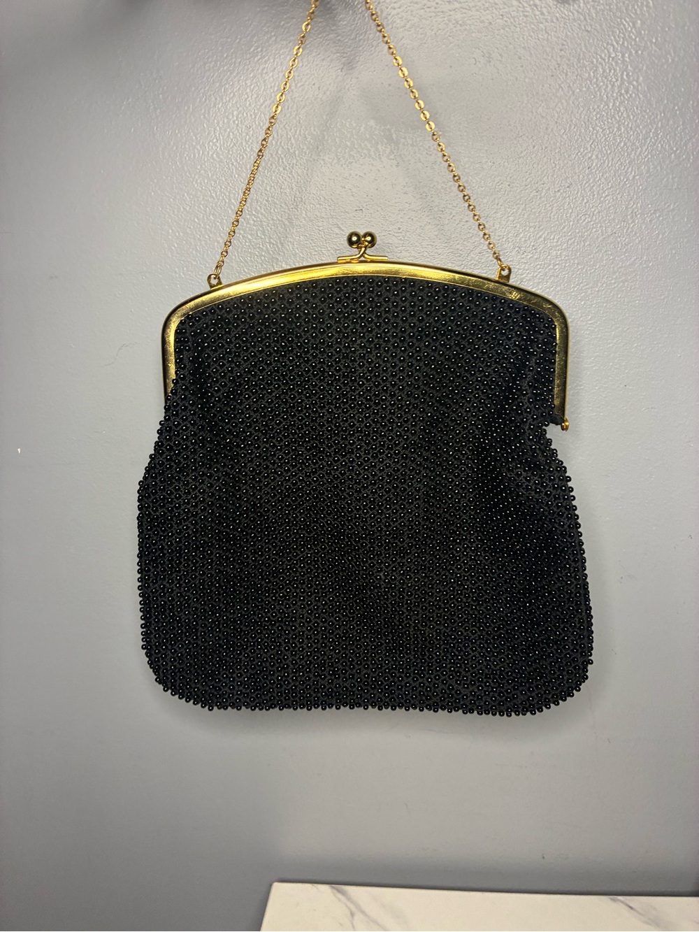 Cordé Bead Black Beaded Evening Bag Gold Tone Kiss Lock Vintage USA